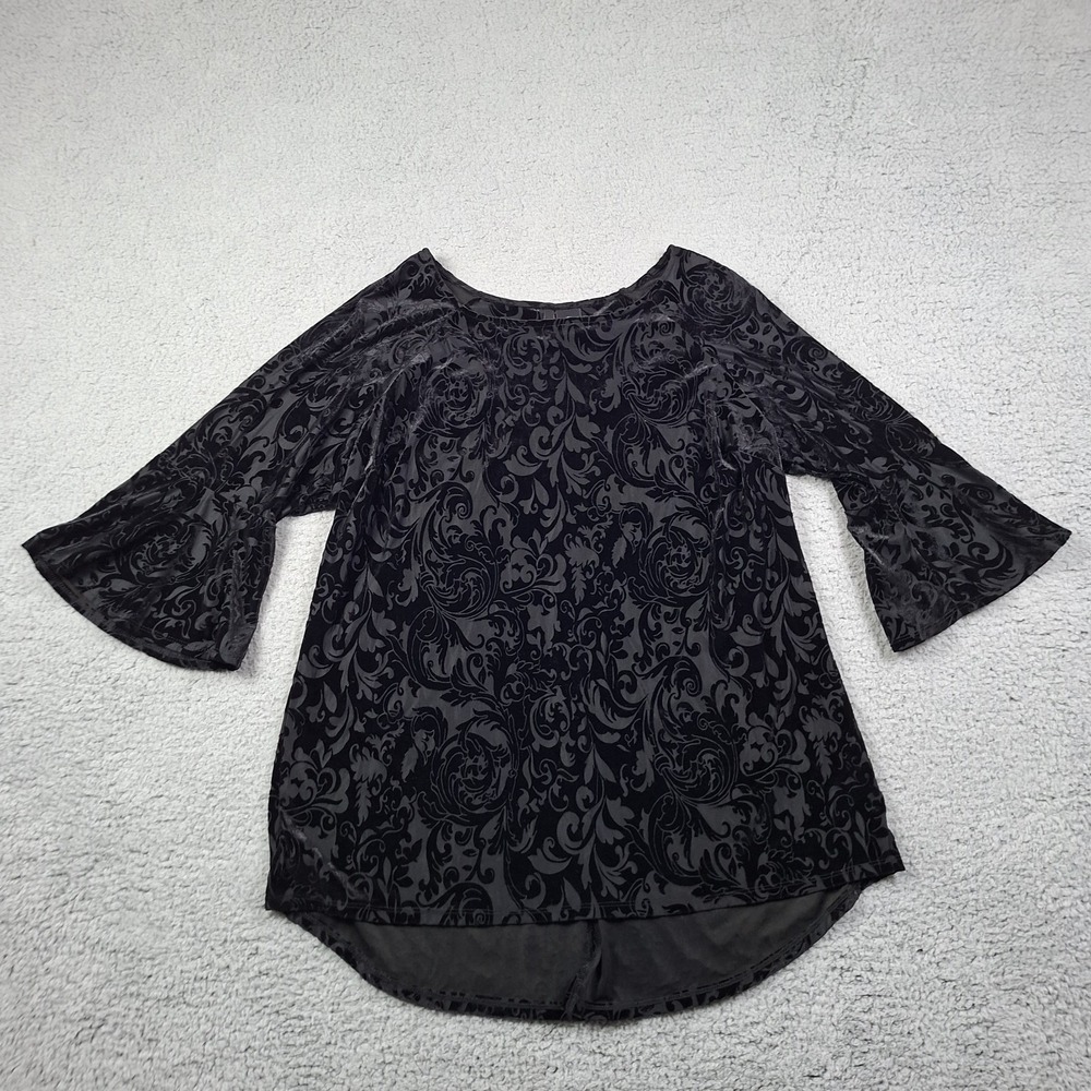 Floral Velvet Burnout Tunic 1X Plus 3/4 Bell Sleeves Black Whimsigoth Semi Sheer